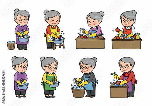 Cartoon illustrations of an elderly woman washing various items like laundry, dishes, and fruits, depicting everyday domestic chores and cleanliness.