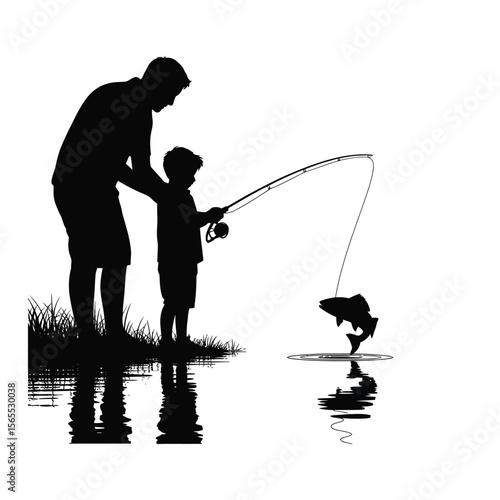 Silhouette of father teaching son to fish by the water, isolated black and white vector illustration showing family bonding and outdoor learning
