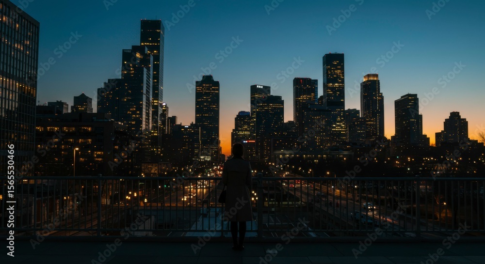 Obraz premium Solitary figure on bridge overlooking a cityscape at dusk, illuminated buildings, city lights, tranquil scene
