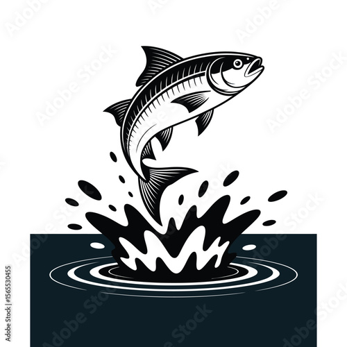 Silhouette of fish jumping out of water with splash, isolated black and white vector illustration