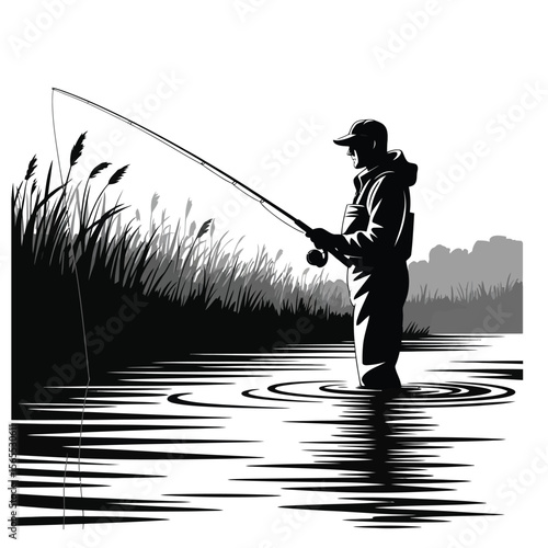 Silhouette of fisherman standing in river wearing waders and casting line, isolated black and white vector illustration for outdoor fishing scene