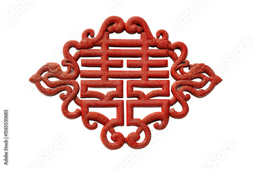 PNG Intricate red chinese double happiness symbol with dragon motif on black background
