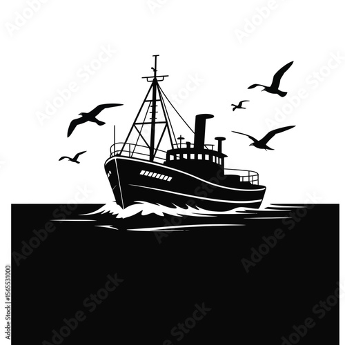Silhouette of fishing trawler at sea with flying seagulls above, isolated on black and white background vector illustration