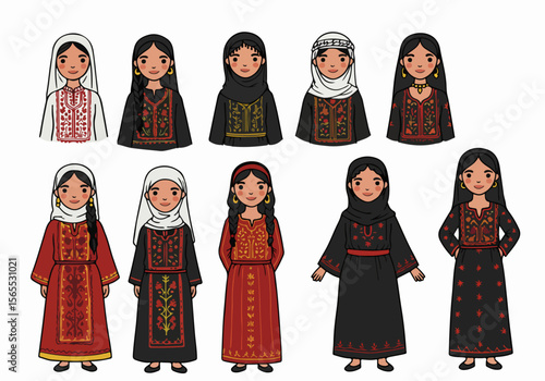 Collection of Palestinian Women and Girls in Traditional Tatreez Dresses Illustration