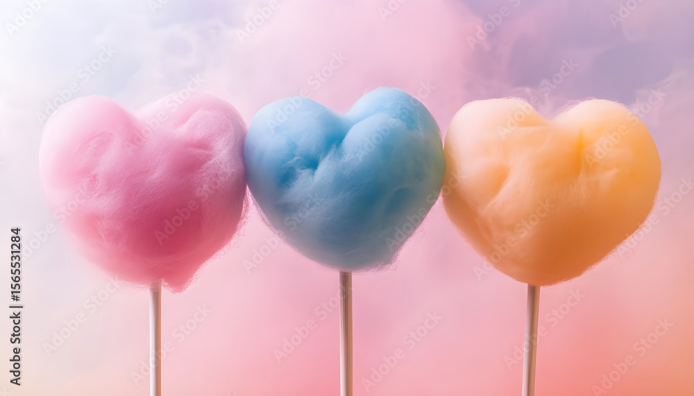 Three heart-shaped cotton candy treats on sticks against a soft gradient background Three heart-shaped cotton candy treats on sticks against a soft gradient background