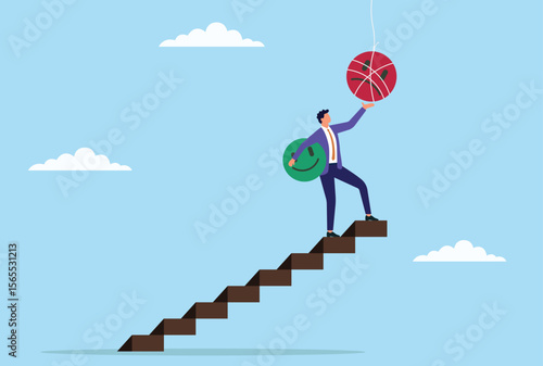 Vector illustration of a businessman climbing stairs to replace a sad icon with a happy one, symbolizing progress, positive change, emotional growth, and success in business
