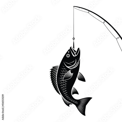 Silhouette of freshly caught trout hanging from fishing rod in classic angling style, isolated black and white vector illustration