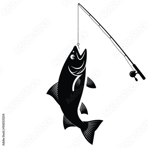 Silhouette of freshly caught trout hanging from fishing rod in classic angling style, isolated black and white vector illustration