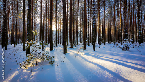 Snowy forest with sunlit trees and long shadows winter sunlight