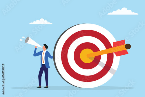 Vector illustration of a businessman announcing through a megaphone beside a target sign, symbolizing effective communication, goal setting, marketing, and leadership in business
