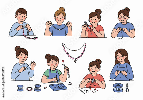 Collection of diverse people engaged in jewelry making, crafting handmade accessories with beads, threads, and tools. Illustration of a creative hobby and handmade business.