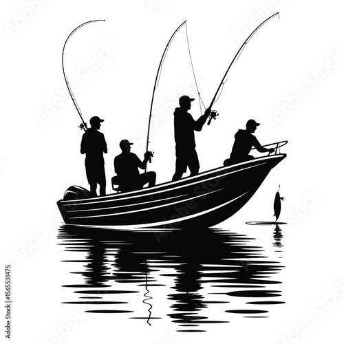 Silhouette of group of friends fishing together on a large boat, isolated black and white vector illustration for fun outdoor adventure scene