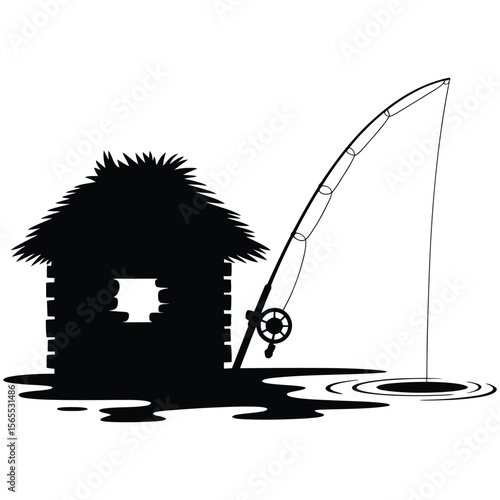 Silhouette of ice fishing scene with angler, ice hut, and fishing hole, isolated black and white vector illustration