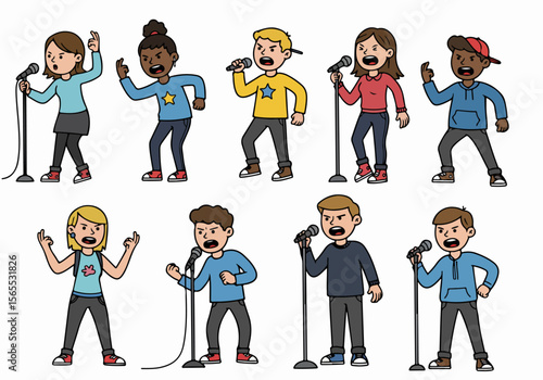 Diverse cartoon characters performing or speaking into microphones with various expressions and gestures.