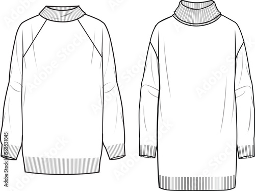 Women's High-Neck and Roll-Neck Tunics. Technical fashion illustration. Front, white colour. Women's CAD mock-up.