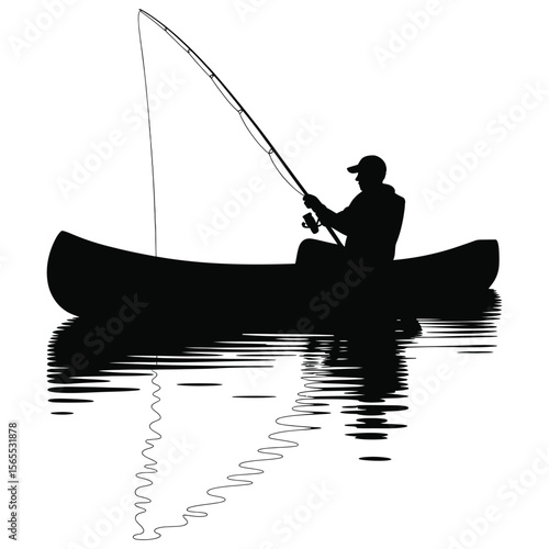 Silhouette of man fishing alone from canoe with fishing rods and gear, isolated on black and white background vector illustration