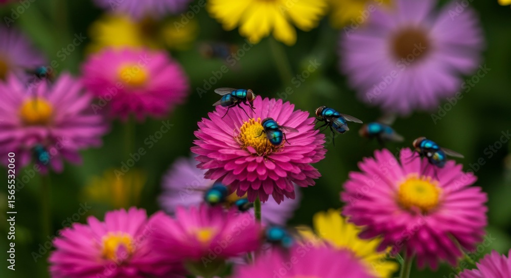 Fototapeta premium Colorful flowers and buzzing flies