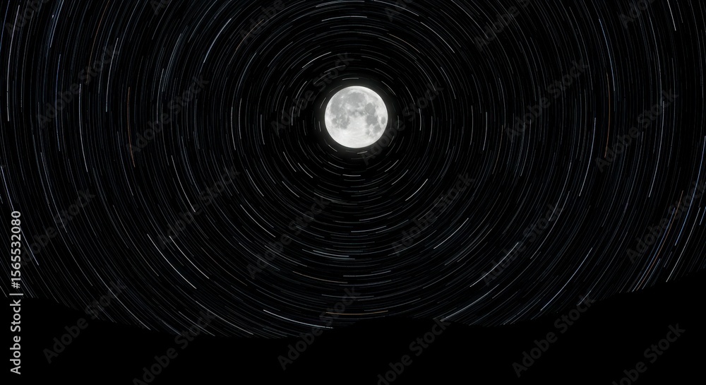 Obraz premium Full moon dominates a night sky, stars streak around it in circular patterns, a dark landmass at the bottom