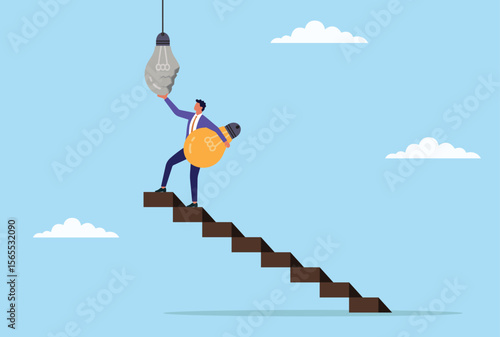 Vector illustration of a businessman climbing stairs to replace a broken dull light bulb with a bright one, symbolizing innovation, progress, renewal, and bringing fresh ideas to light
