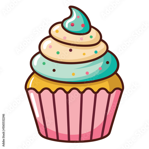 A small, detailed cupcake with frosting and colorful sprinkles, a delightful and sweet treat.