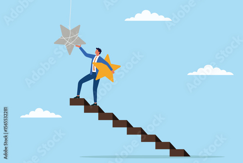 Vector illustration of a businessman climbing stairs to replace a dim star sign with a bright one, symbolizing enhancing customer reviews, improving service quality, and boosting reputation

