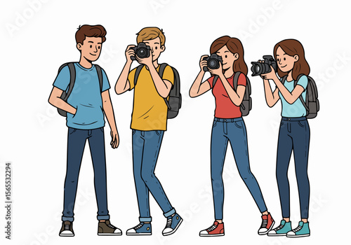 Young diverse friends with backpacks taking photos during a trip, enjoying tourism and sightseeing.