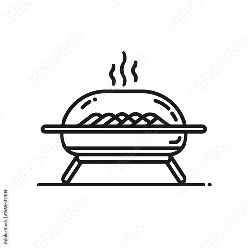 Line art of steaming grill with sausages on white background  