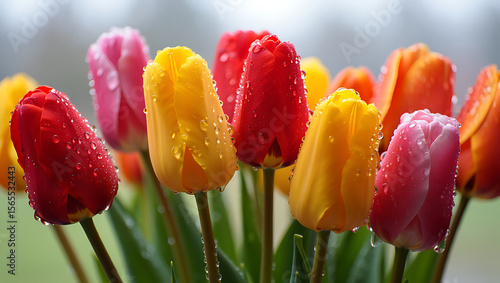 Wet red yellow pink orange tulips flowers