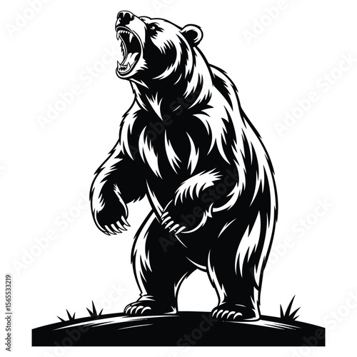 Silhouette of roaring grizzly bear standing on hind legs with aggressive posture and detailed fur edges, isolated black and white vector illustration