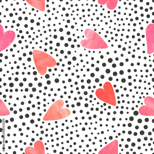 Watercolor hearts and dots pattern. Valentines Day seamless background