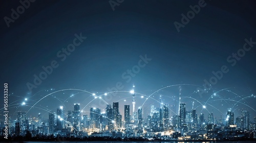 Digital Network Connectivity Over Modern City Skyline at Night
