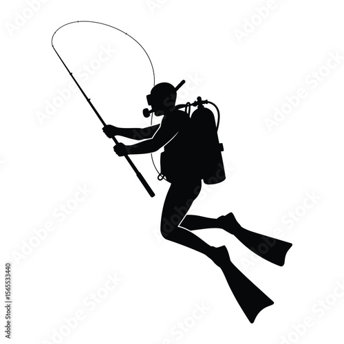 Silhouette of scuba diver fishing underwater with spear surrounded by fish, isolated on black and white vector background