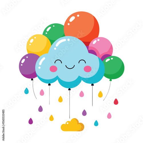 A smiling cloud raining down colorful balloons, a whimsical and cheerful image of joy and celebration.