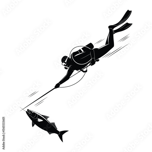 Silhouette of scuba diver fishing underwater with spear surrounded by fish, isolated on black and white vector background