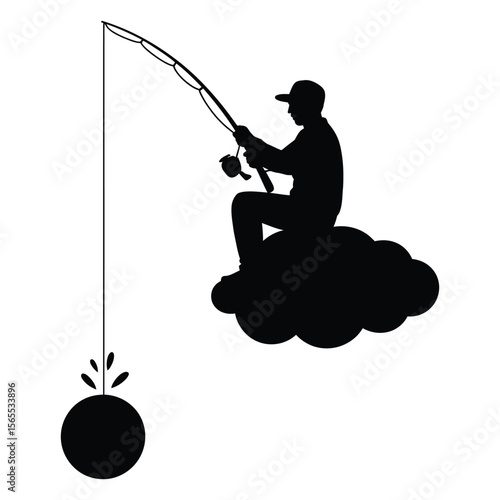 Surreal silhouette of fisherman sitting on cloud fishing down to earth with rod, isolated black and white vector illustration
