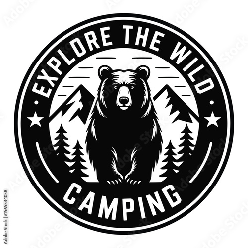 Vintage-style camping badge with grizzly bear silhouette, mountain range, and forest in retro distressed black and white vector illustration
