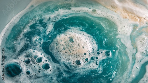 Aerial view of sudsy laundry water in a washing basin