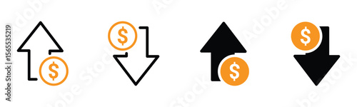 Money increase or decrease icon set. dollar decrease increase symbol. profit and lose icons with arrow , Cost rising icon. vector illustration . 