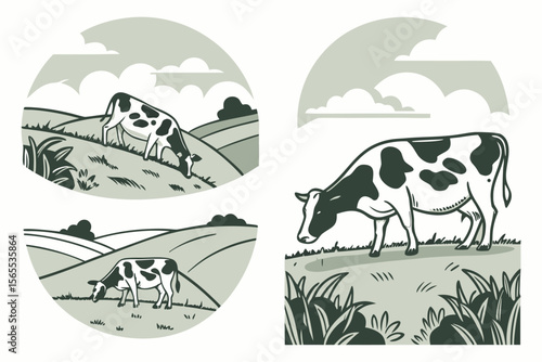 Black and white cows grazing in green fields cattle