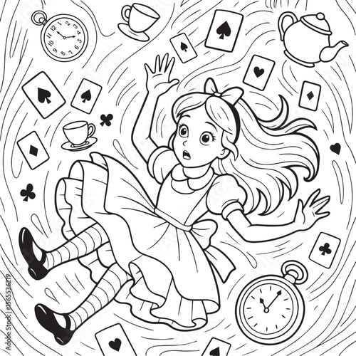 Alice Falling Down the Rabbit Hole surrounded by floating playing cards, teacups, clocks, and a teapot.  Coloring Page gor kids