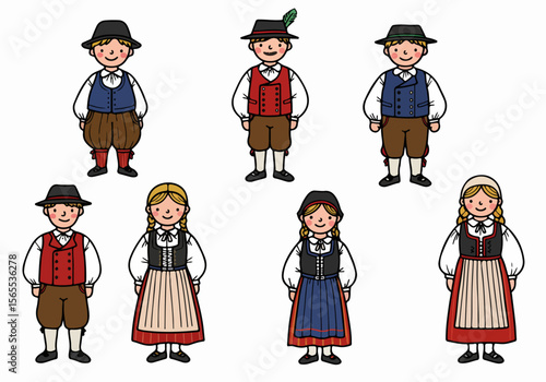 Cartoon illustration of people in traditional German or Bavarian folk costumes, depicting men, women, and children in Tracht clothing against a white background.