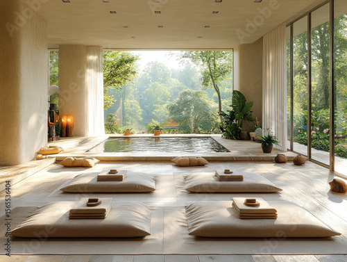 Peaceful meditation room with floor cushions and garden view, symbolizing mindfulness, wellness, inner peace, and natural healing environment.
