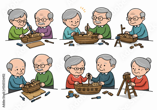 Illustrations of senior individuals and couples building a wooden model ship as a hobby or leisure activity in retirement.