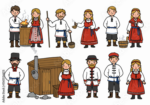 Collection of cartoon characters in traditional Russian folk costumes celebrating banya steam bath tradition and culture.