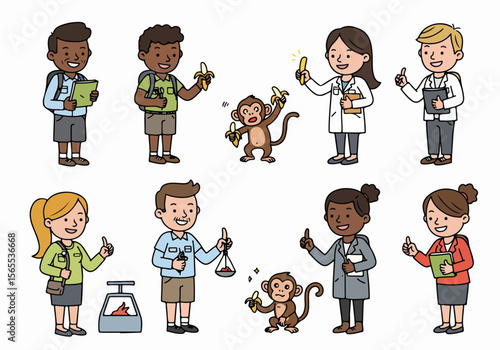 Cartoon illustration set of diverse scientists and students conducting research and interacting with monkeys, featuring lab equipment and natural elements.