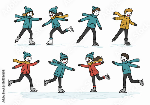 Happy cartoon people of different ages enjoying ice skating in winter