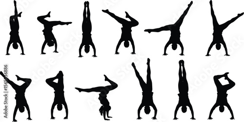 Silhouettes of twelve people in handstand poses, acrobatic balance variations, yoga and gymnastics positions, fitness flexibility, body control, athletic training, posture illustration