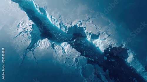 Top down Satellite view of a colossal iceberg breaking apart intricate cracks and deep blue hues