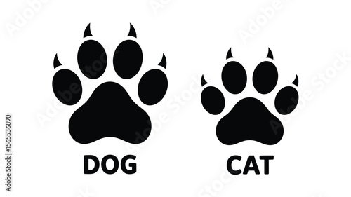 "Minimalist Black & White Paw Print Illustration with 'DOG' and 'CAT' Labels – Symmetrical Silhouettes with Triangular Claws on White Background"