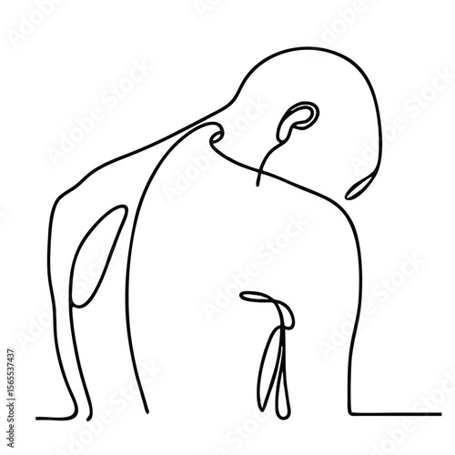 Exhaustion: handsome man in graceful theatrical pose of despair — minimalist single-line black drawing. One line art.